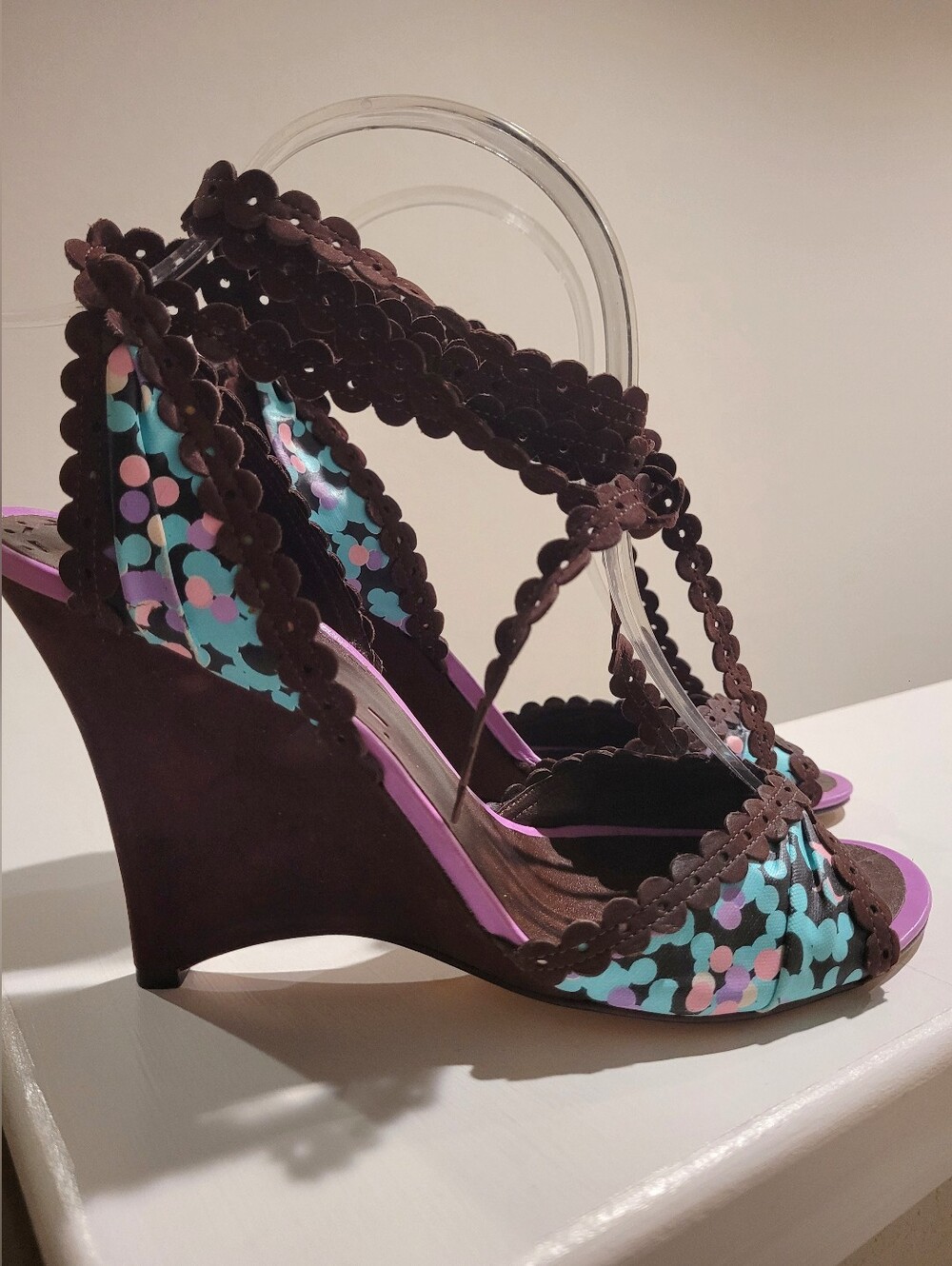 BCBGMaxAzria Brown Wedge Sandals with Turquoise and Pink Floral Print